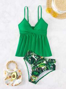 SHEIN Swim 熱帶圖案坦基尼套裝圍裹吊帶上衣和泳衣下裝2入組泳衣 - 彩色 - 查看 5
