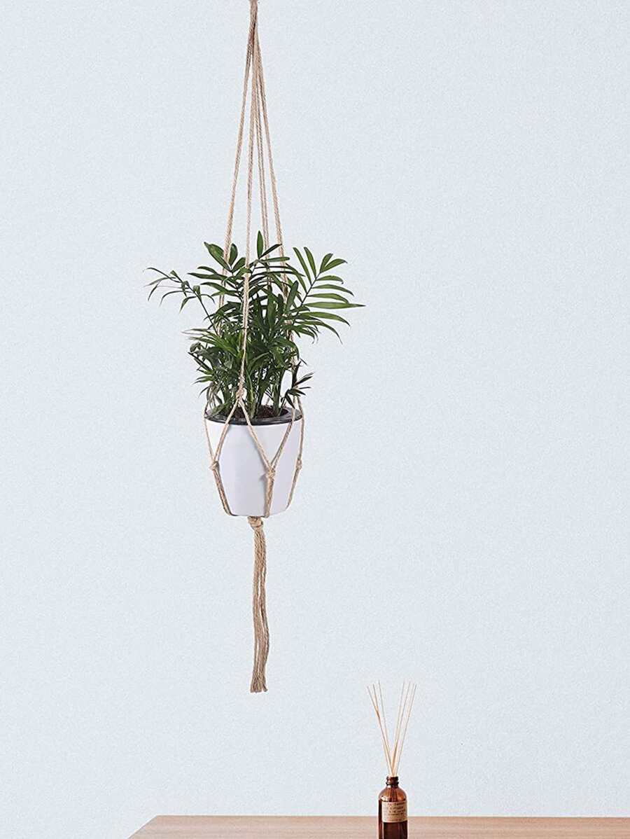 1pc Macrame Plant Hanger, Woven Hanging Planter Basket, Potted Plant Not Include, For Home - Khaki - View 1