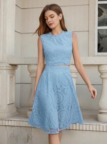 素色蕾絲背心上衣和半身裙 - 藍色 - 查看 1