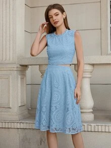 素色蕾絲背心上衣和半身裙 - 藍色 - 查看 4