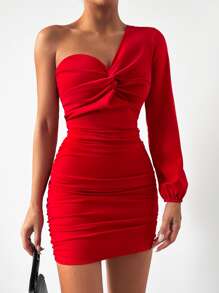 SHEIN Cottnline One Shoulder Twist Front Ruched Bodycon Dress - Red - View 3