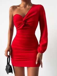 SHEIN Cottnline One Shoulder Twist Front Ruched Bodycon Dress - Red - View 5
