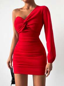 SHEIN Cottnline One Shoulder Twist Front Ruched Bodycon Dress - Red - View 6