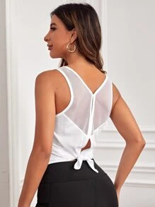 Yoga Sxy Contrast Mesh Split Back Asymmetrical Hem Tank Top - White - View 5