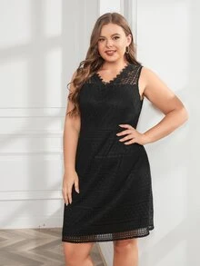 Plus Solid Guipure Lace Insert Dress - Black - View 3