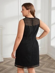 Plus Solid Guipure Lace Insert Dress - Black - View 2