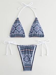 SHEIN Swim Geo Print Halter Triangle Tie Side Summer Beach Bikini Set - Multicolor - View 3