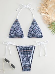 SHEIN Swim Geo Print Halter Triangle Tie Side Summer Beach Bikini Set - Multicolor - View 5