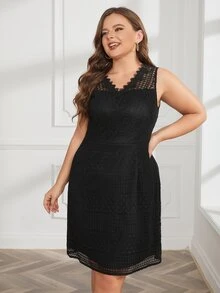 Plus Solid Guipure Lace Insert Dress - Black - View 7