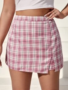 SHEIN EZwear 大碼格紋印花下擺開叉裙裤 - 彩色 - 查看 3