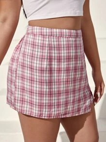SHEIN EZwear 大碼格紋印花下擺開叉裙裤 - 彩色 - 查看 4