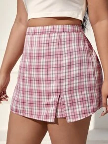 SHEIN EZwear 大碼格紋印花下擺開叉裙裤 - 彩色 - 查看 5