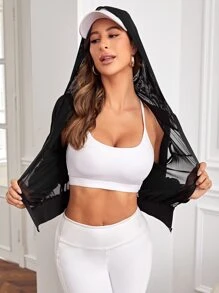 Easithlete Raglan Sleeve Hooded Crop Mesh Sports Jacket - Black - View 5