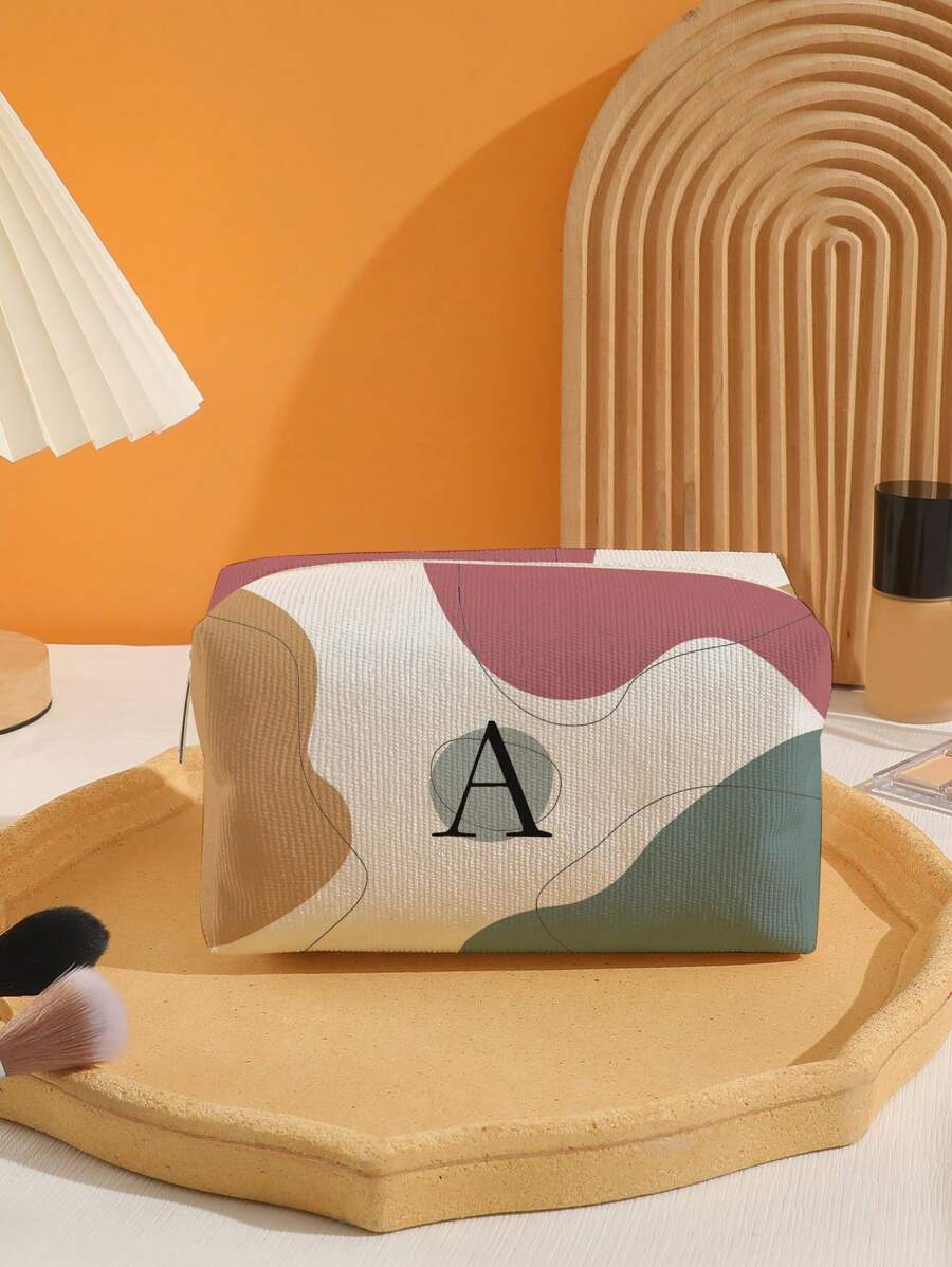 Octagonal Velvet Cosmetic Bag With Letter A Pattern - Multicolor - View 1