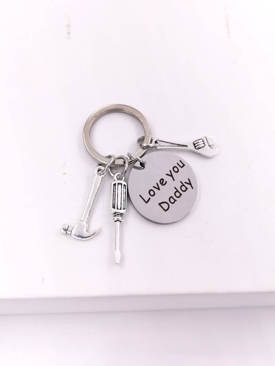 1入組男士標語圖形圓形和錘子吊飾鑰匙扣父親節禮物 - 銀色 - 查看 1