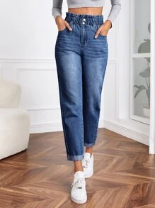 SHEIN Tall Quần jean nữ Túi Dây kéo Quần paper-bag màu trơn - Rửa tối - Xem 1