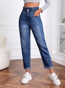 SHEIN Tall Quần jean nữ Túi Dây kéo Quần paper-bag màu trơn - Rửa tối - Xem 4