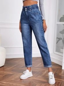 SHEIN Tall Quần jean nữ Túi Dây kéo Quần paper-bag màu trơn - Rửa tối - Xem 5