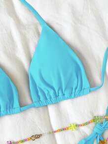 SHEIN Swim Dễ thương Bộ Bikini Buộc lại Tam giác Bras & Cà vạt Đáy & Có thể tháo rời Kết cườm Thắt lưng 3 mảnh Bộ đồ tắm - Màu xanh lam - Xem 3