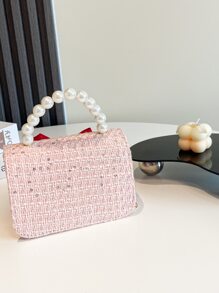 女孩翻蓋方包蝴蝶結和亮片裝飾珍珠帶