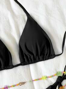 可愛比基尼套裝後綁帶三角形文胸和側繫帶下裝和可拆卸串珠皮帶3入組泳衣 - 黑色 - 查看 3