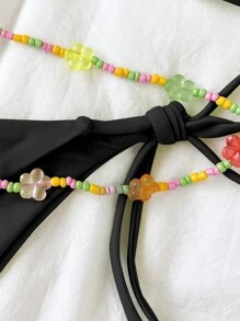 可愛比基尼套裝後綁帶三角形文胸和側繫帶下裝和可拆卸串珠皮帶3入組泳衣 - 黑色 - 查看 6