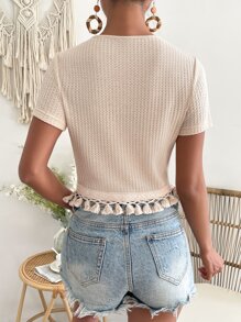 SHEIN VCAY Áo thun nữ mép màu trơn Giải trí - Màu be - Xem 2