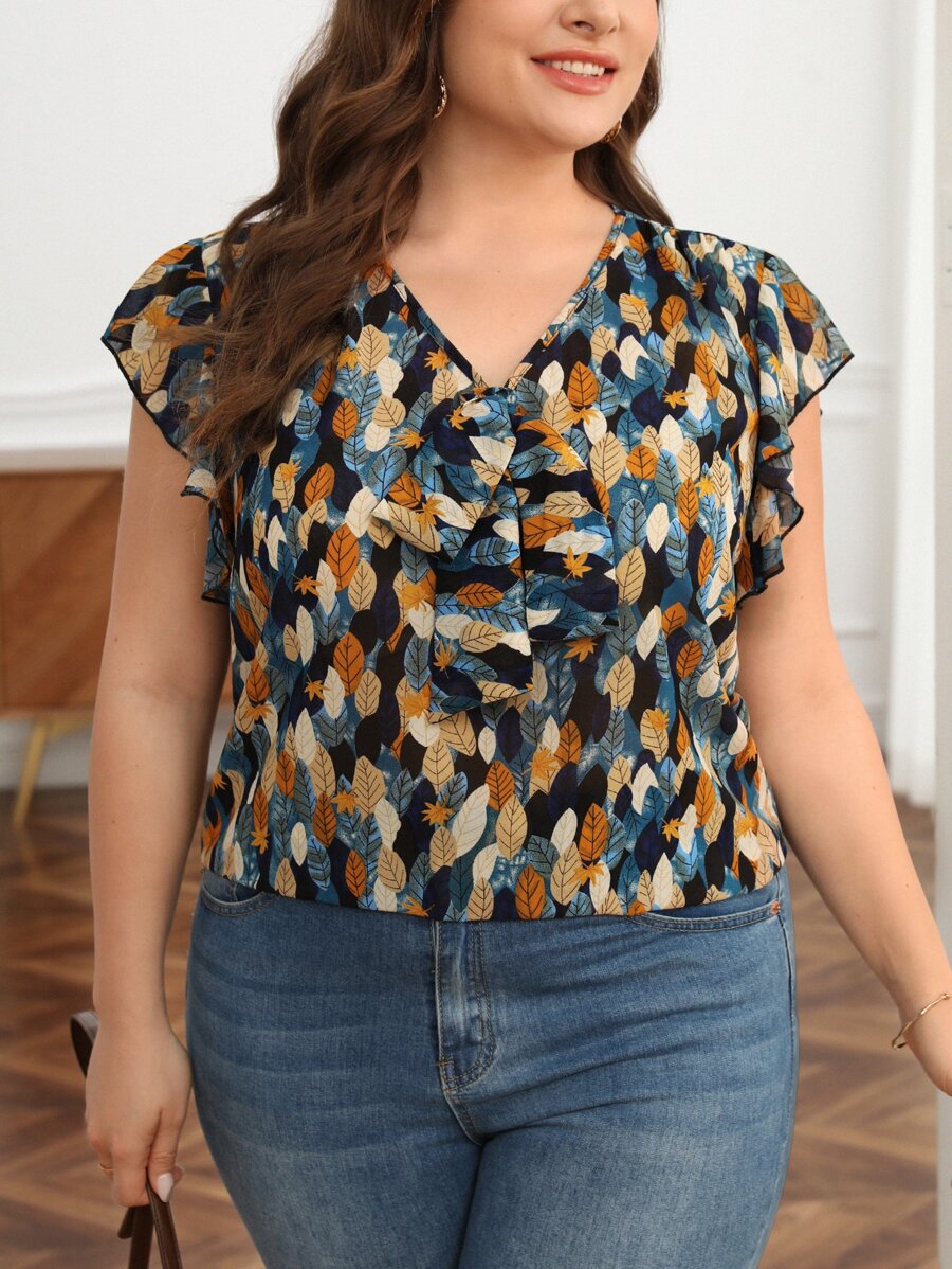 SHEIN Frenchy Plus Allover Print Ruffle Trim Summer Boho Blouse - Multicolor - View 1