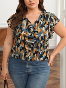 SHEIN Frenchy Plus Allover Print Ruffle Trim Summer Boho Blouse - Multicolor - View 3