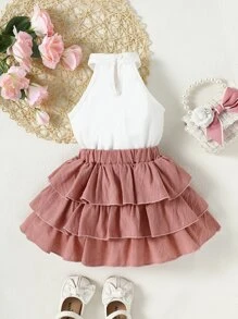 嬰幼兒女對比綁帶露背上衣與蝴蝶結前褶邊裙 - 彩色 - 查看 2