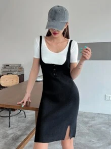 DAZY Split Hem Jumper Dress Without Tee - Black - View 1