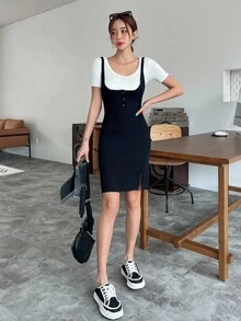 DAZY Split Hem Jumper Dress Without Tee - Black - View 2