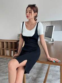 DAZY Split Hem Jumper Dress Without Tee - Black - View 3