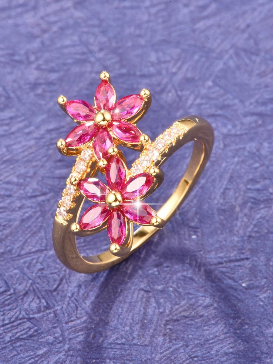 方晶鋯石花朵裝飾戒指