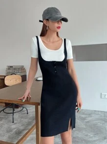 DAZY Split Hem Jumper Dress Without Tee - Black - View 6