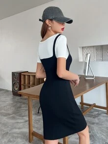 DAZY Split Hem Jumper Dress Without Tee - Black - View 7