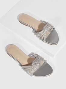 Rhinestone & Knot Decor Slide Sandals - Silver - View 4