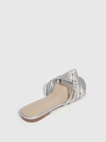 Rhinestone & Knot Decor Slide Sandals - Silver - View 5