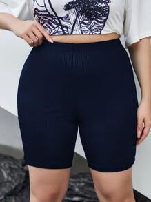 SHEIN EZwear 大碼條紋針織騎行褲 - 藏蓝色 - 查看 4