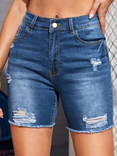 SHEIN ICON Ripped Raw Hem Denim Shorts