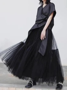 Solid Mesh Overlay Skirt - Black - View 1