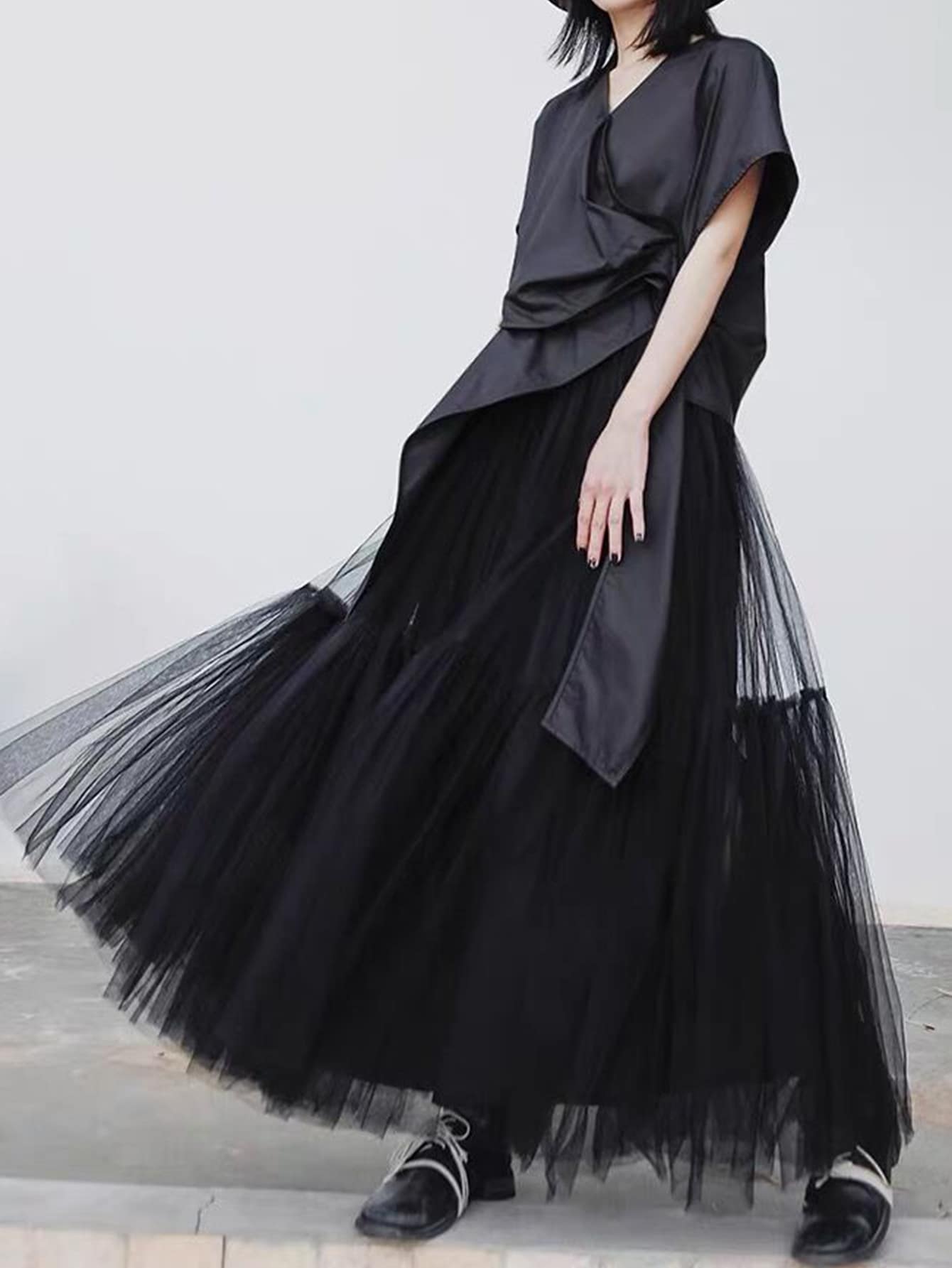 Solid Mesh Overlay Skirt - Black - View 1