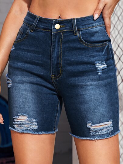 SHEIN ICON Ripped Raw Hem Denim Shorts