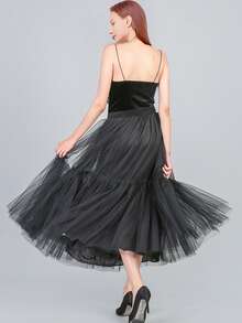 Solid Mesh Overlay Skirt - Black - View 2