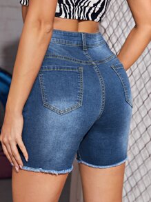 SHEIN ICON Ripped Raw Hem Denim Shorts - Dark Wash - View 2