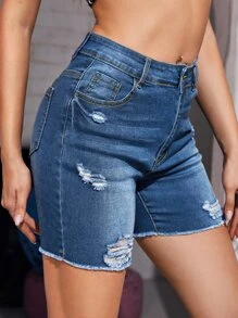 SHEIN ICON Ripped Raw Hem Denim Shorts - Dark Wash - View 5