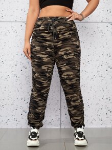 SHEIN Coolane Plus Camo Print Drawstring Waist Ruched Joggers - Multicolor - View 3