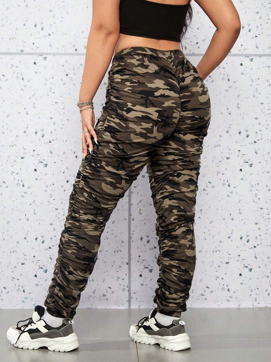 SHEIN Coolane Plus Camo Print Drawstring Waist Ruched Joggers - Multicolor - View 1