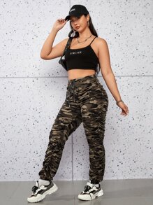 SHEIN Coolane Plus Camo Print Drawstring Waist Ruched Joggers - Multicolor - View 2