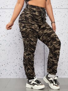 SHEIN Coolane Plus Camo Print Drawstring Waist Ruched Joggers - Multicolor - View 4